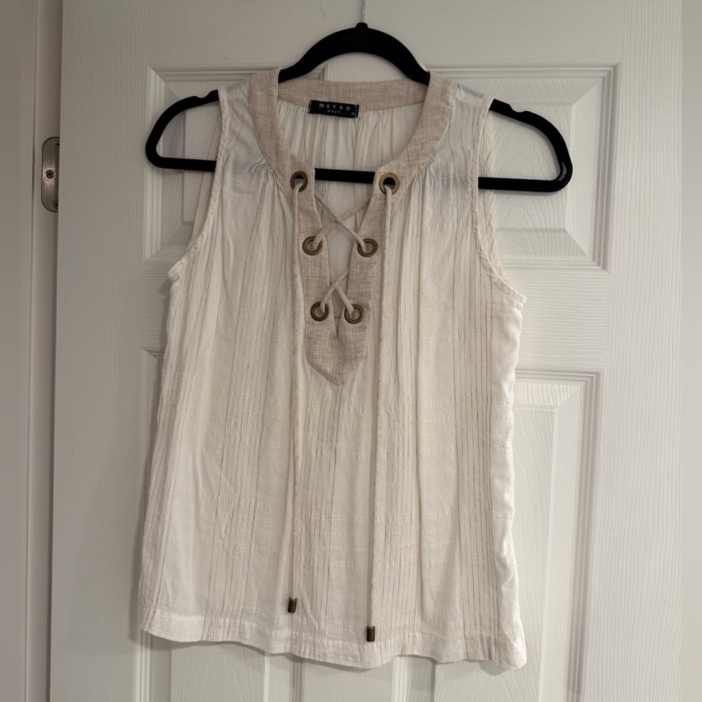 Maven West Linen Blend White Sleeveless Top with Lace-Up Detail